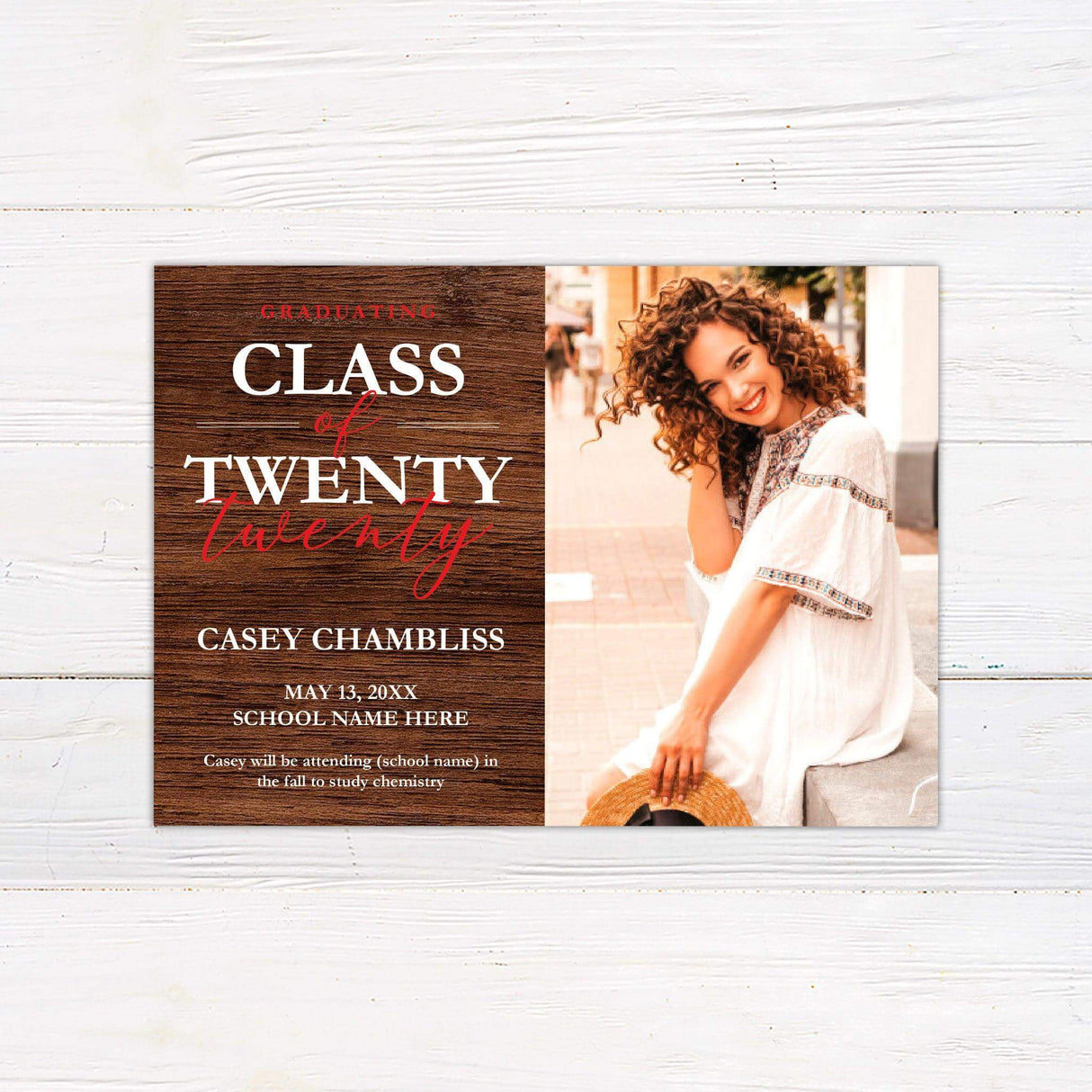Personalized rustic wood graduation announcement featuring a split design with a senior portrait on one side and bold event details on the other. The dark wood background adds a rustic and elegant touch, complementing the modern typography for a stylish look. Professionally printed on high-quality cardstock, this customized grad invite is perfect for high school, college, or university graduates. red