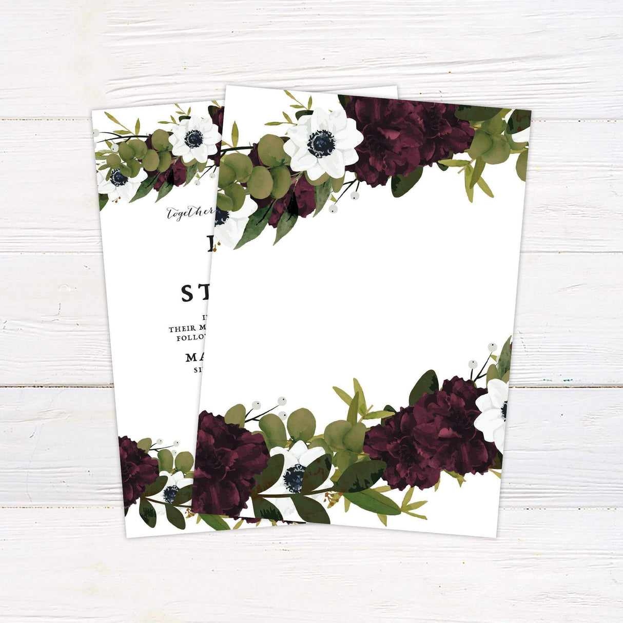 Wedding invitation with burgundy peonies, white anemones, greenery, serif and script fonts on a white background with top and bottom floral borders - back
