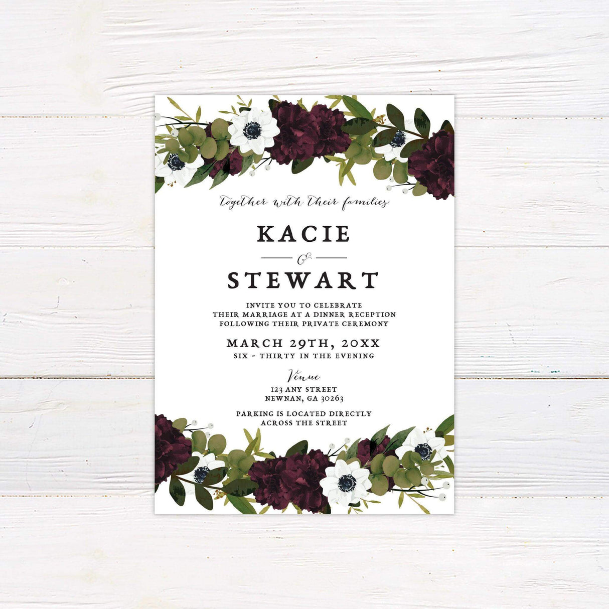 Wedding invitation with burgundy peonies, white anemones, greenery, serif and script fonts on a white background with top and bottom floral borders