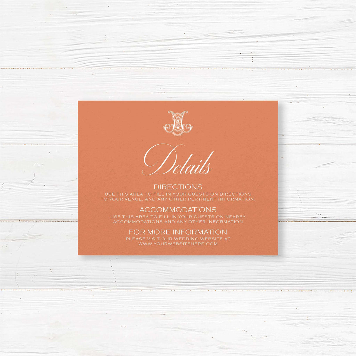Terracotta wedding detail card with white serif text for printed event information