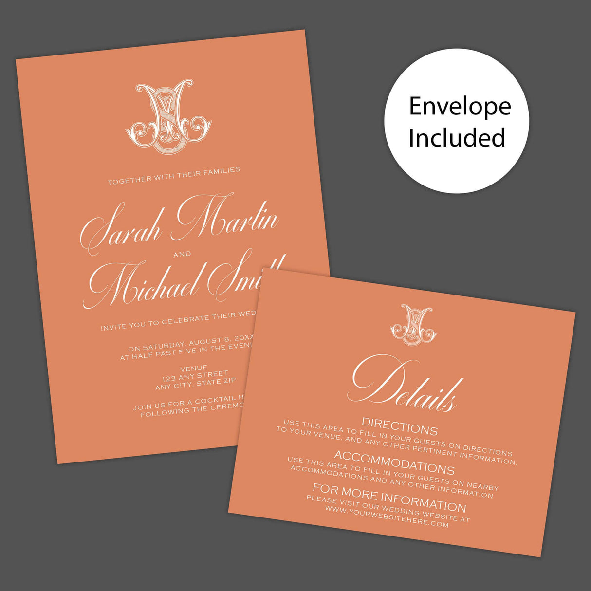 Terracotta wedding invitation with white calligraphy and ornate Celtic-style monogram - invite and details