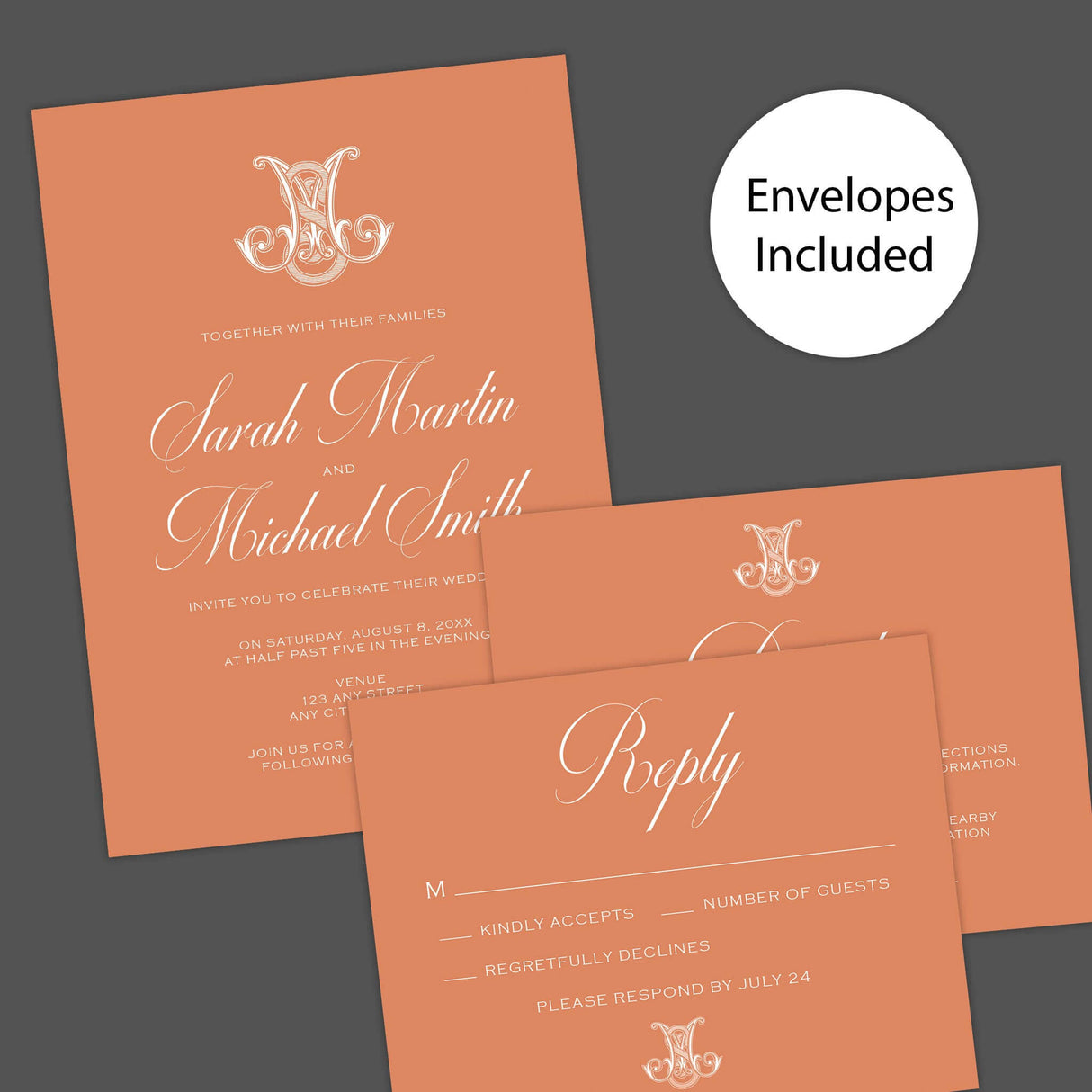 Terracotta wedding invitation with white calligraphy and ornate Celtic-style monogram - invite, rsvp and Details