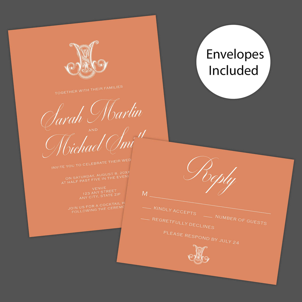 Terracotta wedding invitation with white calligraphy and ornate Celtic-style monogram - Invite and RSVP