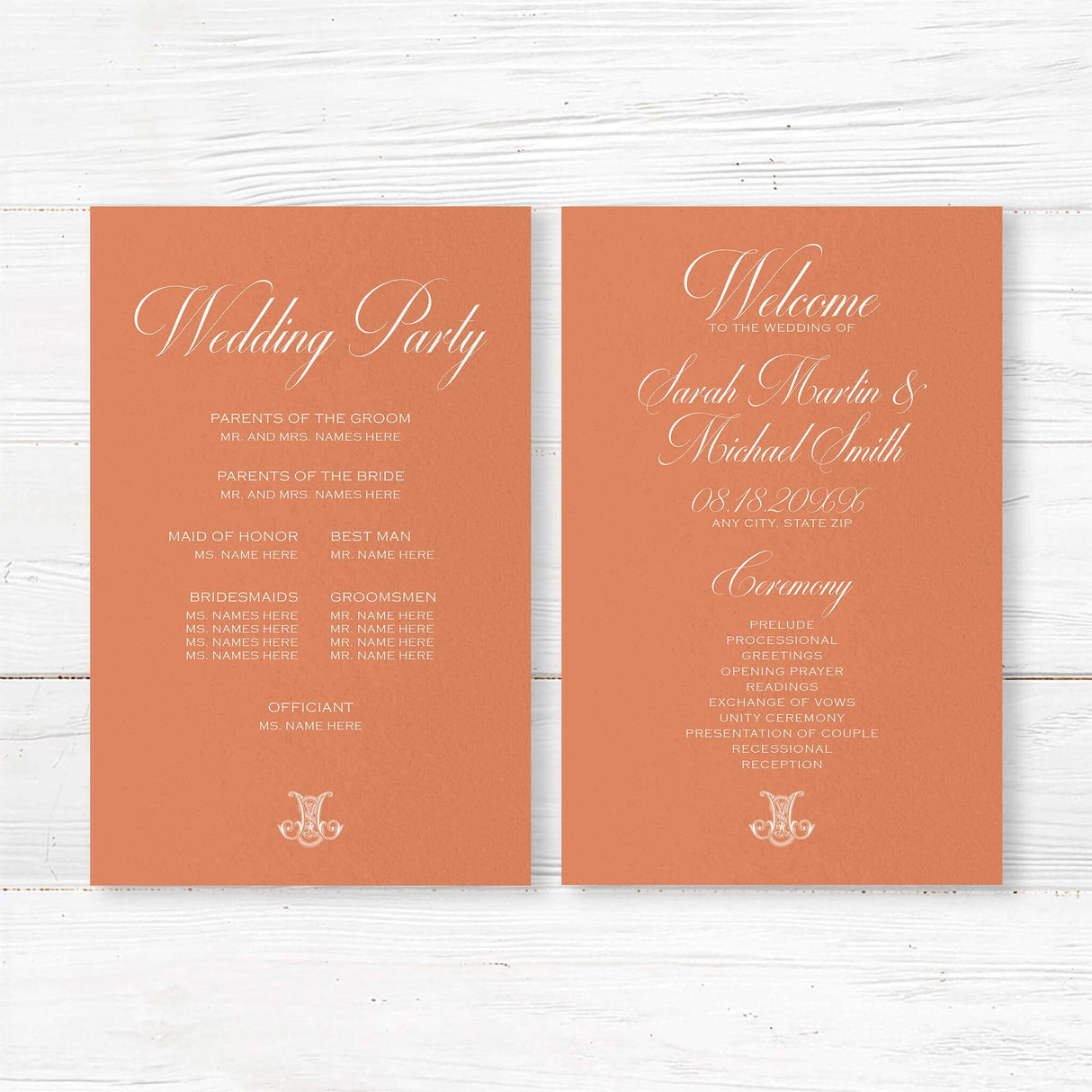 Terracotta wedding program with white text and ornate monogram header