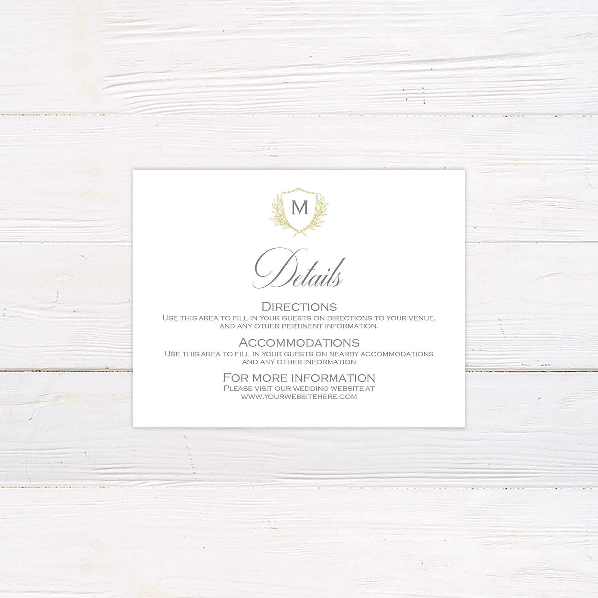 Elegant Delicate Shield Invitation with Monogram Crest in Gold, Ivory Background - Wedding Invite Details