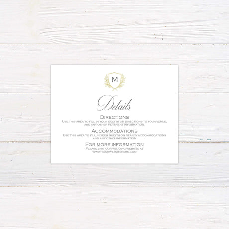 Elegant Delicate Shield Invitation with Monogram Crest in Gold, Ivory Background - Wedding Invite Details