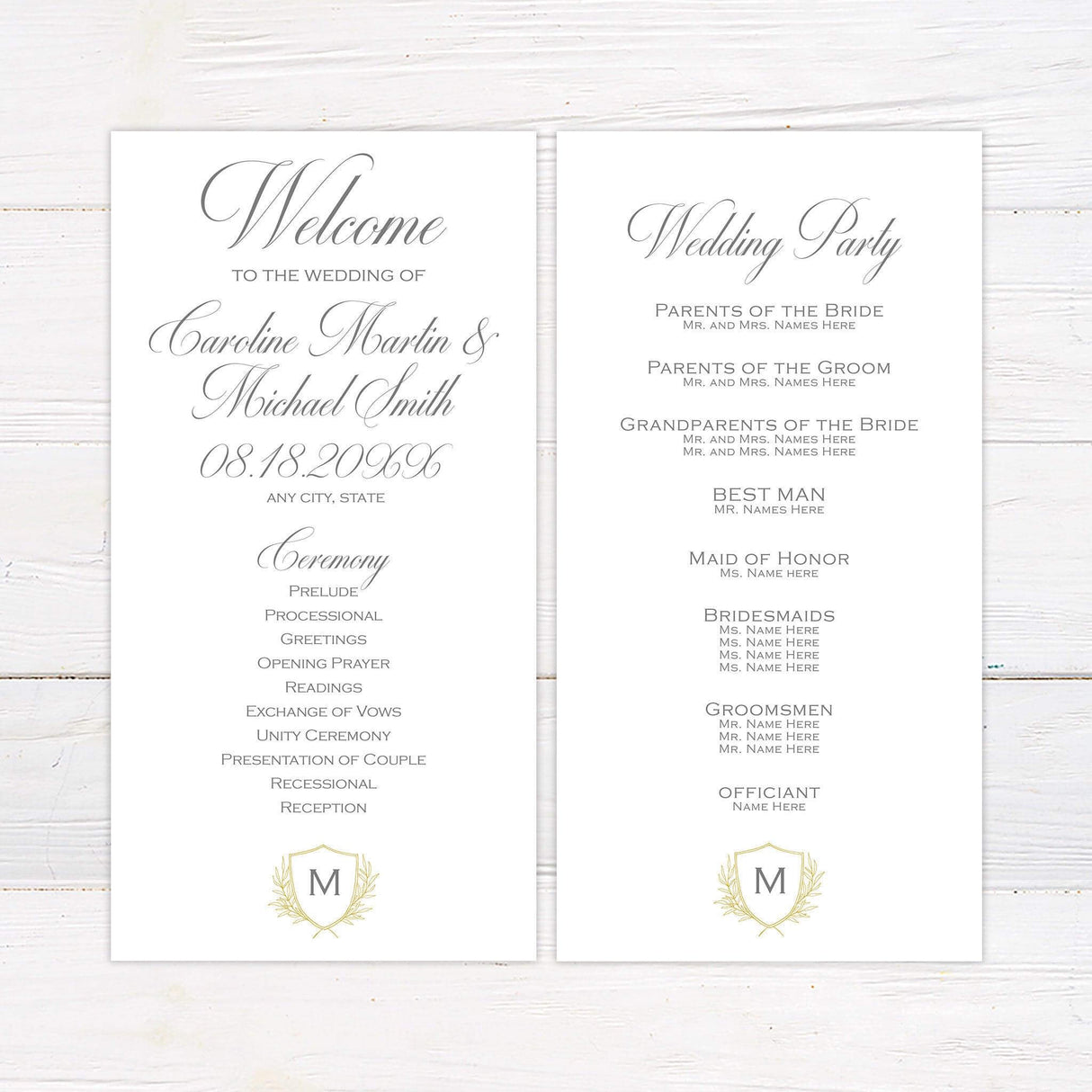 Elegant wedding invitation featuring a delicate shield with monogram, laurel details, and serif type on ivory background for a refined look.