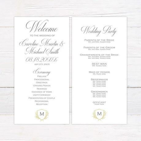 Elegant wedding invitation featuring a delicate shield with monogram, laurel details, and serif type on ivory background for a refined look.