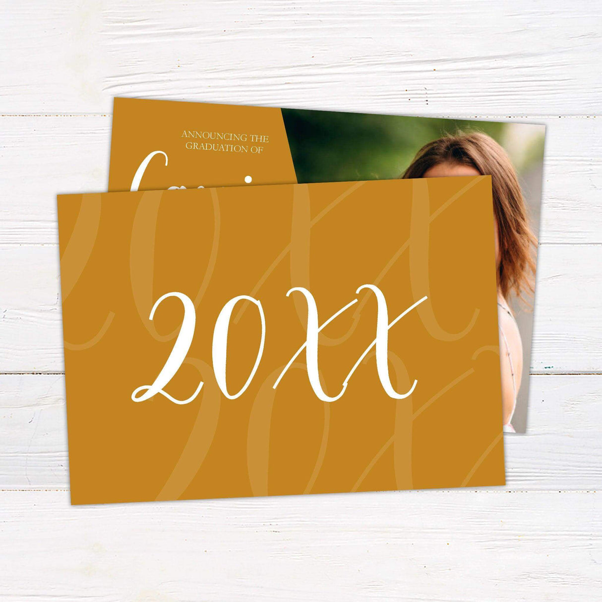 Graduation announcement featuring a bold diagonal design with a customizable color block on the left displaying the graduate's name and degree details in an elegant script. The right side showcases a full-size photo of the graduate. The back of the invitation includes additional photo options and class year details. Personalize the color to match the school colors. Back Orange.