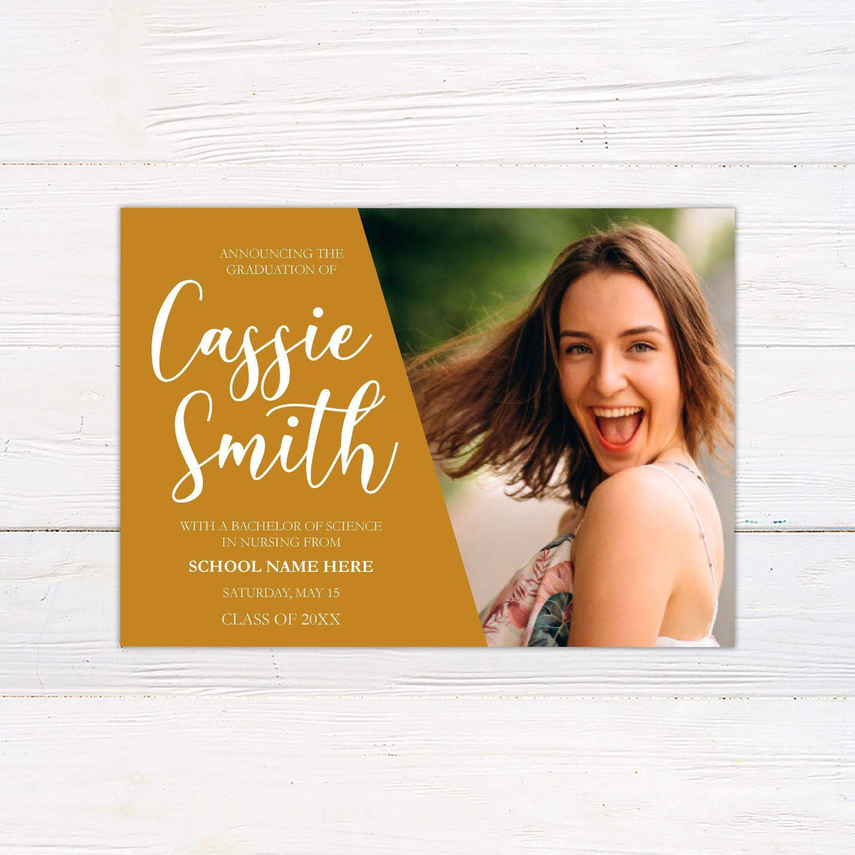 Graduation announcement featuring a bold diagonal design with a customizable color block on the left displaying the graduate's name and degree details in an elegant script. The right side showcases a full-size photo of the graduate. The back of the invitation includes additional photo options and class year details. Personalize the color to match the school colors. Orange.