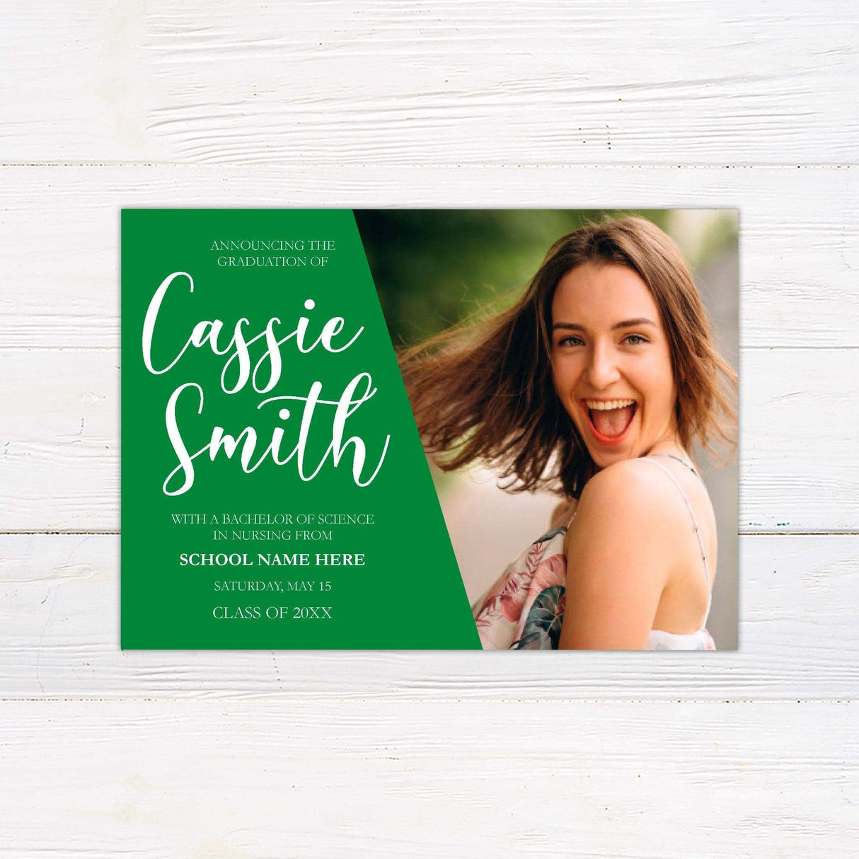 Graduation announcement featuring a bold diagonal design with a customizable color block on the left displaying the graduate's name and degree details in an elegant script. The right side showcases a full-size photo of the graduate. The back of the invitation includes additional photo options and class year details. Personalize the color to match the school colors. Green.