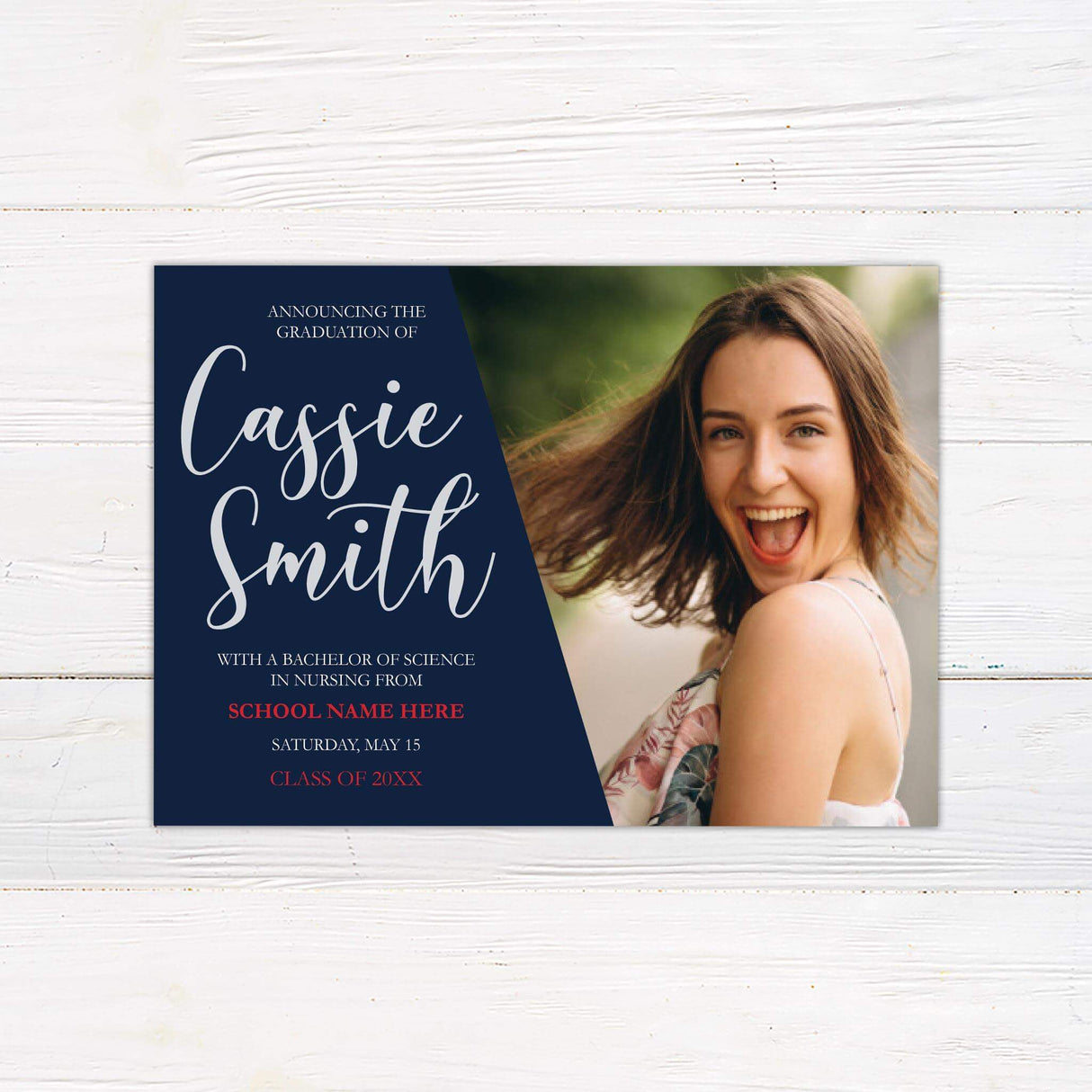 Graduation announcement featuring a bold diagonal design with a customizable color block on the left displaying the graduate's name and degree details in an elegant script. The right side showcases a full-size photo of the graduate. The back of the invitation includes additional photo options and class year details. Personalize the color to match the school colors. Navy and Red.