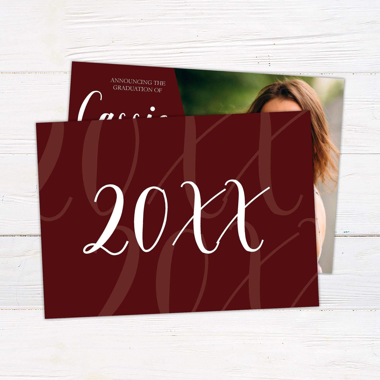 Graduation announcement featuring a bold diagonal design with a customizable color block on the left displaying the graduate's name and degree details in an elegant script. The right side showcases a full-size photo of the graduate. The back of the invitation includes additional photo options and class year details. Personalize the color to match the school colors. Back.
