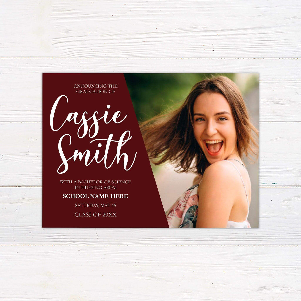 Graduation announcement featuring a bold diagonal design with a customizable color block on the left displaying the graduate's name and degree details in an elegant script. The right side showcases a full-size photo of the graduate. The back of the invitation includes additional photo options and class year details. Personalize the color to match the school colors.