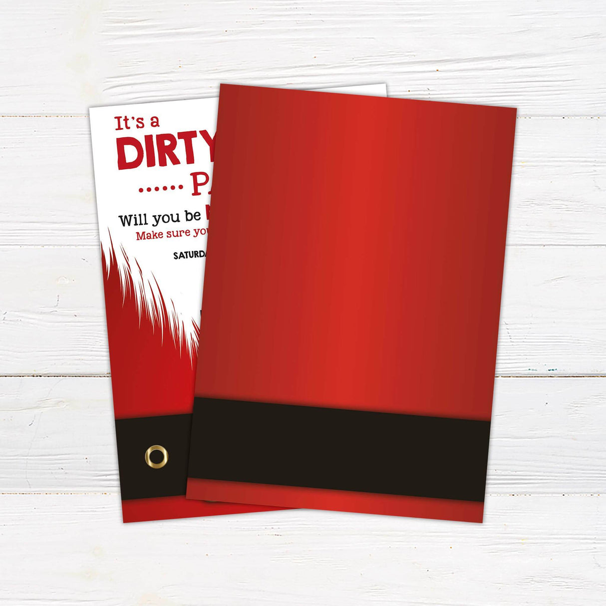 A holiday party invitation with a bold red and white design featuring Santa’s belt at the bottom. The text includes event details such as date, time, location, and instructions to bring a gift for participation. - back side.