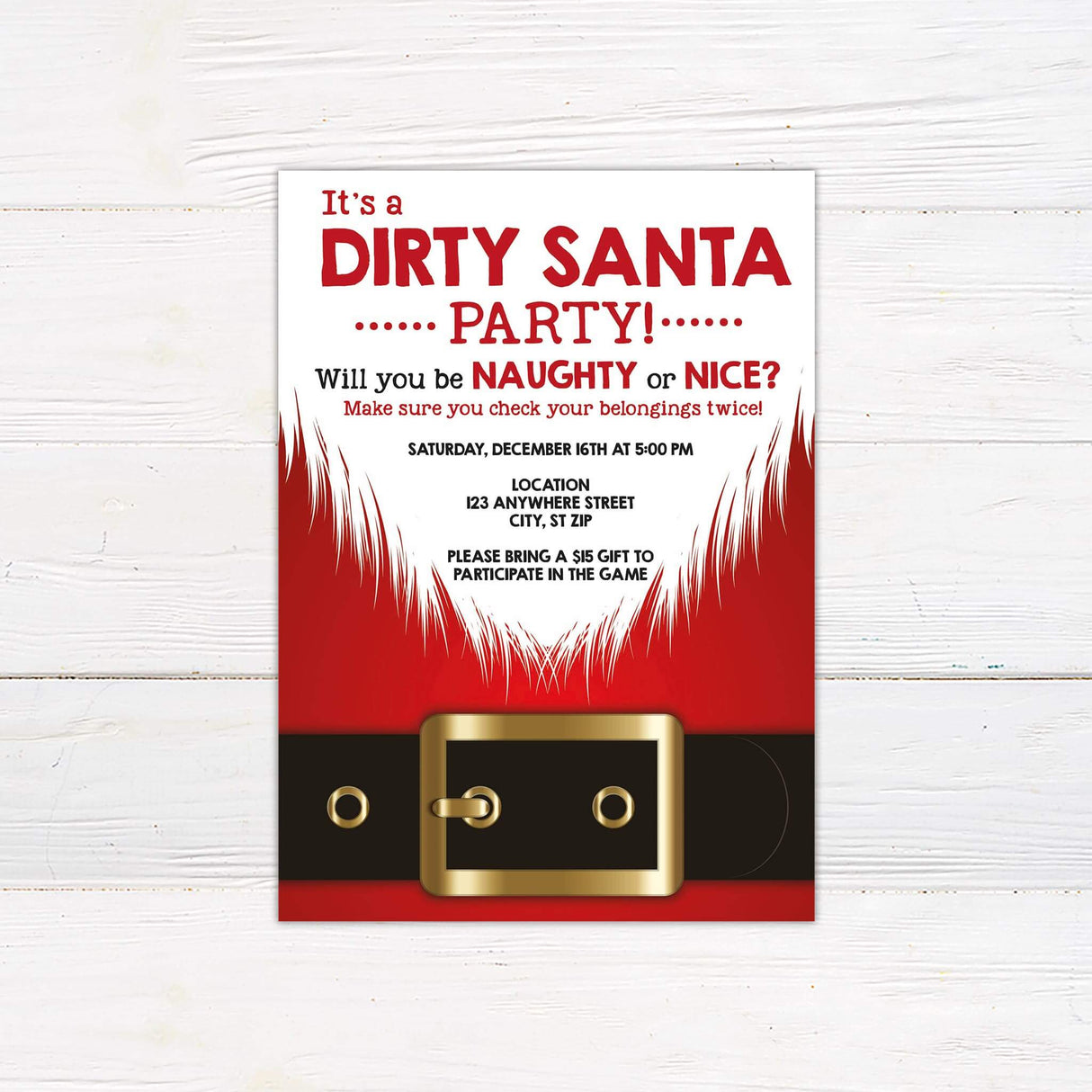 A holiday party invitation with a bold red and white design featuring Santa’s belt at the bottom. The text includes event details such as date, time, location, and instructions to bring a gift for participation.