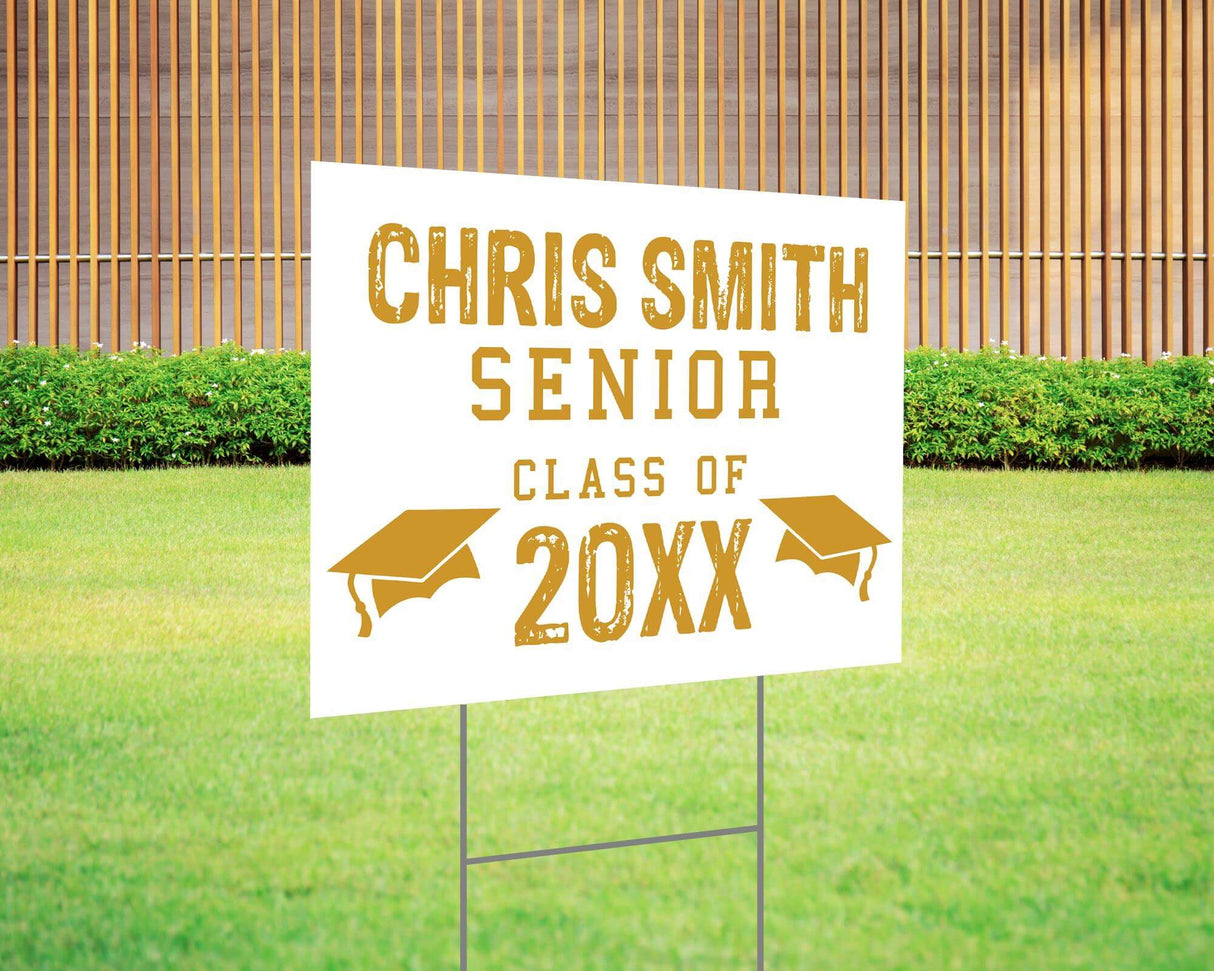 Custom graduation yard sign with a distressed-style font in bold red, featuring personalized senior name, class year, and graduation cap icons. Printed on durable Coreplast plastic, available in custom colors and single or double-sided print, perfect for high school and college graduates. gold