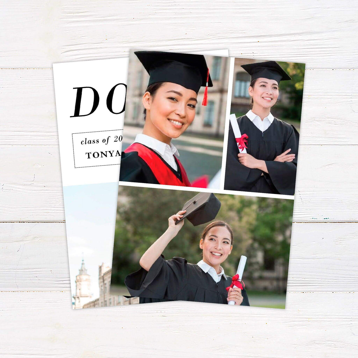 Printed graduation announcement featuring bold typography with a celebratory "DONE!" statement. This customized graduation card includes the graduate's name, class year, and school name, making it a perfect keepsake or invitation for a high school or college graduate. Professionally printed on high-quality cardstock, this personalized announcement is ideal for sharing and celebrating academic achievements.