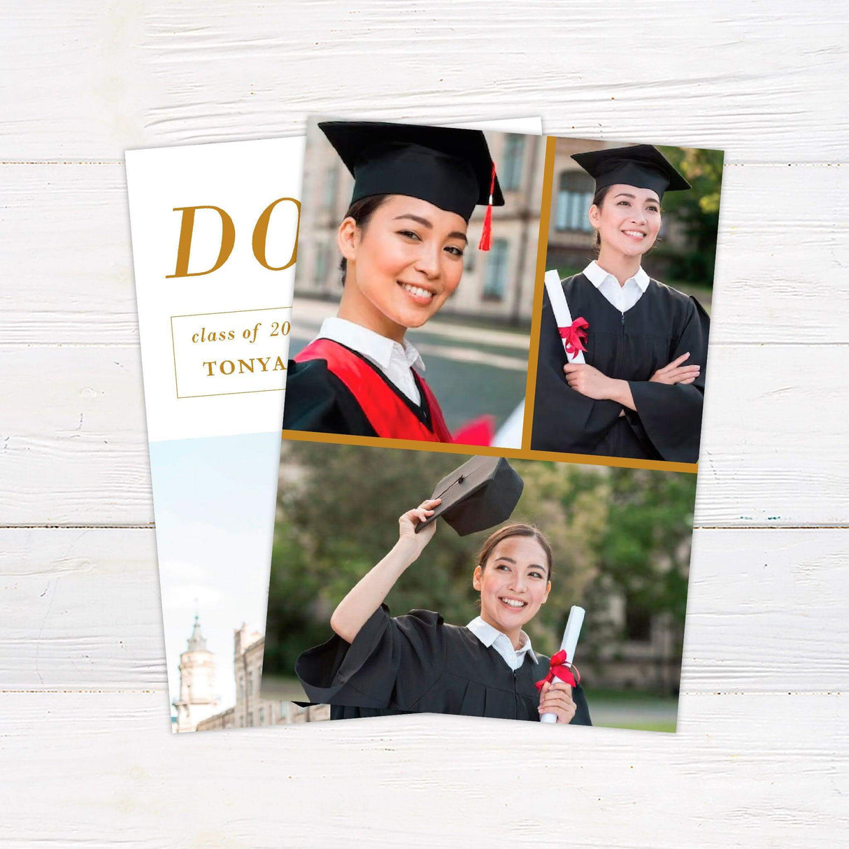 Printed graduation announcement featuring bold typography with a celebratory "DONE!" statement. This customized graduation card includes the graduate's name, class year, and school name, making it a perfect keepsake or invitation for a high school or college graduate. Professionally printed on high-quality cardstock, this personalized announcement is ideal for sharing and celebrating academic achievements. gold back