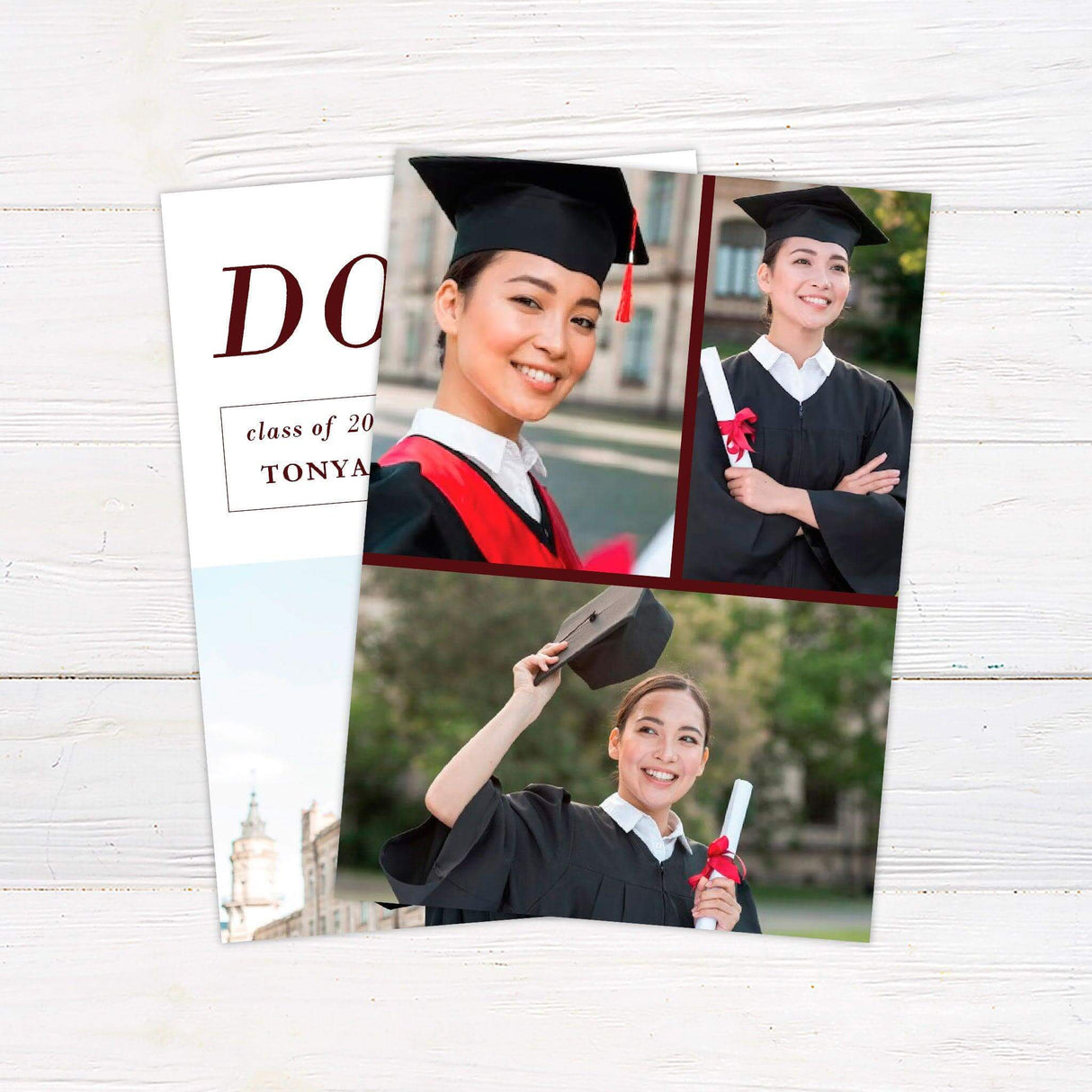 Printed graduation announcement featuring bold typography with a celebratory "DONE!" statement. This customized graduation card includes the graduate's name, class year, and school name, making it a perfect keepsake or invitation for a high school or college graduate. Professionally printed on high-quality cardstock, this personalized announcement is ideal for sharing and celebrating academic achievements. burgundy