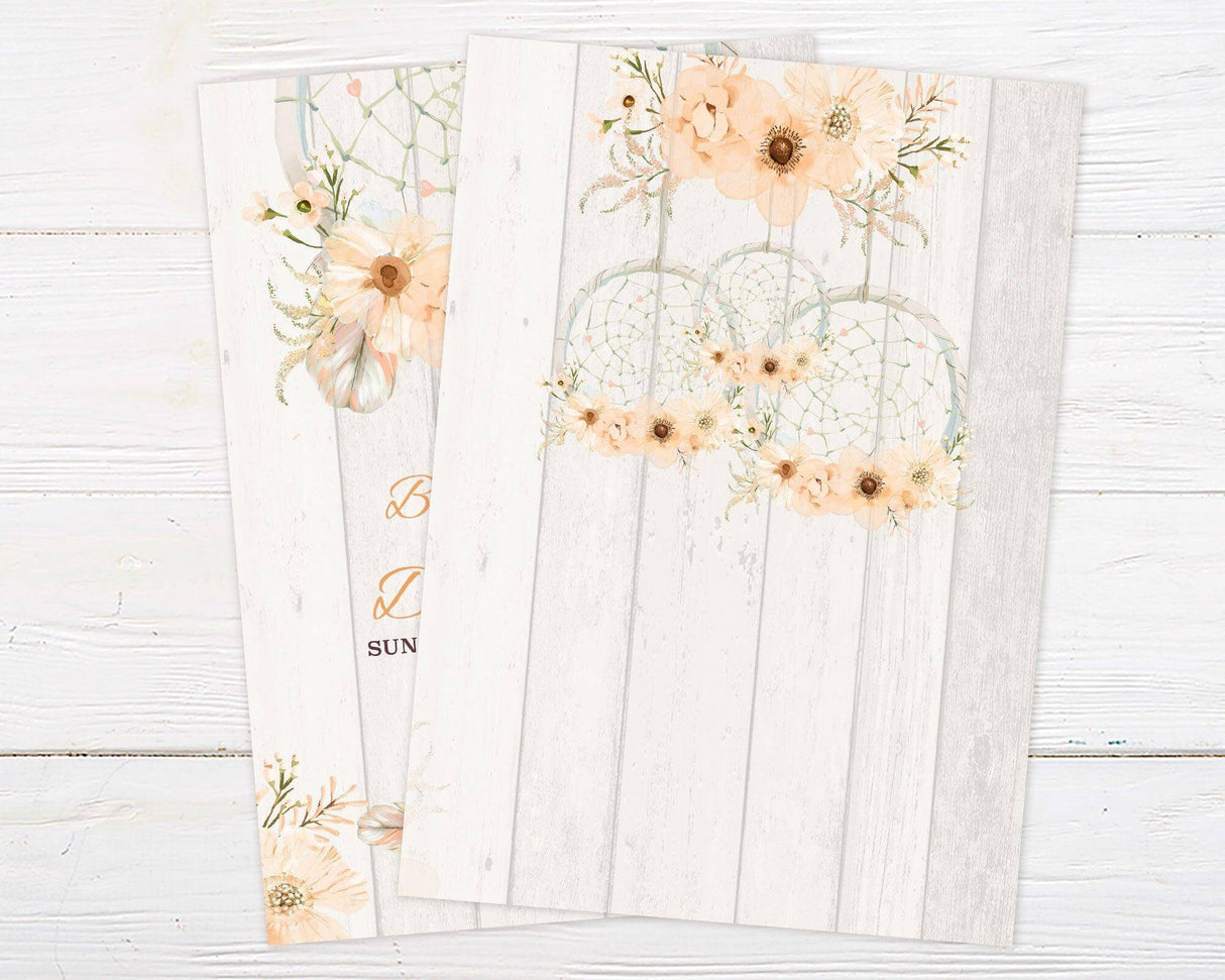 A bridal shower invitation with peach flowers and a dream catcher design. The background has a light rustic wood texture. - back.