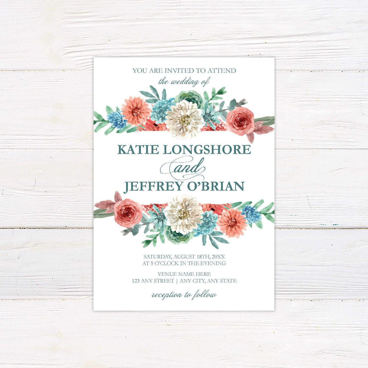 Watercolor floral wedding invitation with dusty blue, coral, and blush flowers, serif and script fonts on white background