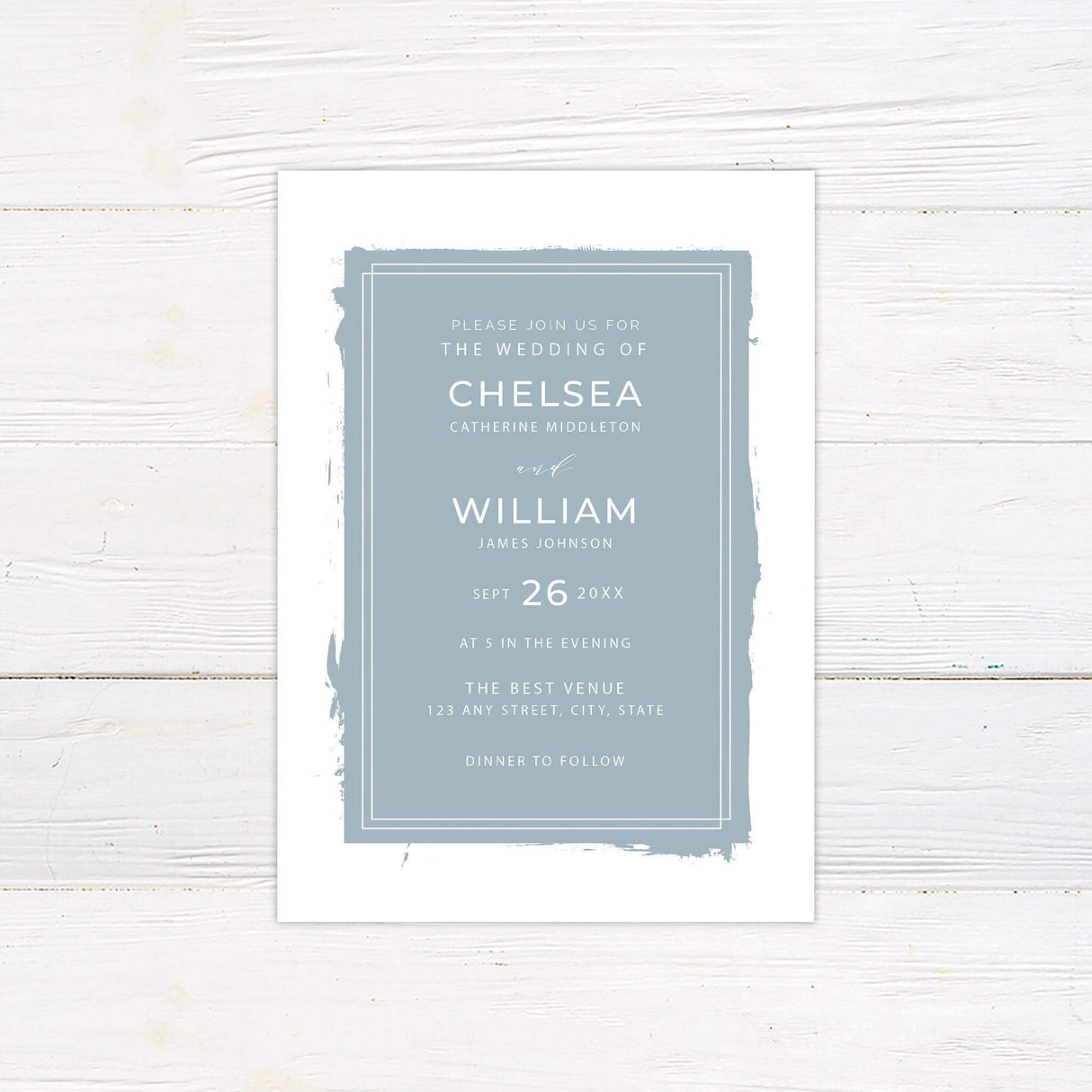 Minimalist dusty blue wedding invitation with modern typography and painted border design