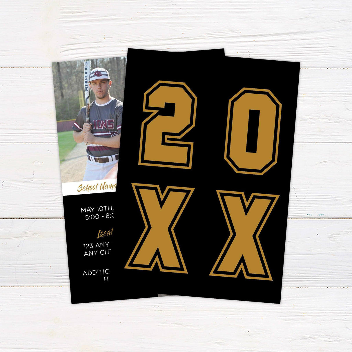 Graduation invitation with a four-panel design, featuring a mix of photos and text blocks. Customizable colors and layout to match school or personal preferences. Back Black and Gold.