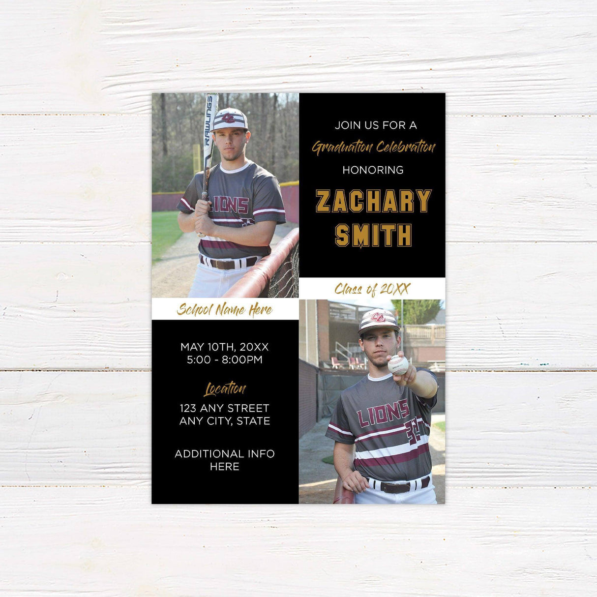 Graduation invitation with a four-panel design, featuring a mix of photos and text blocks. Customizable colors and layout to match school or personal preferences. Black and Gold.