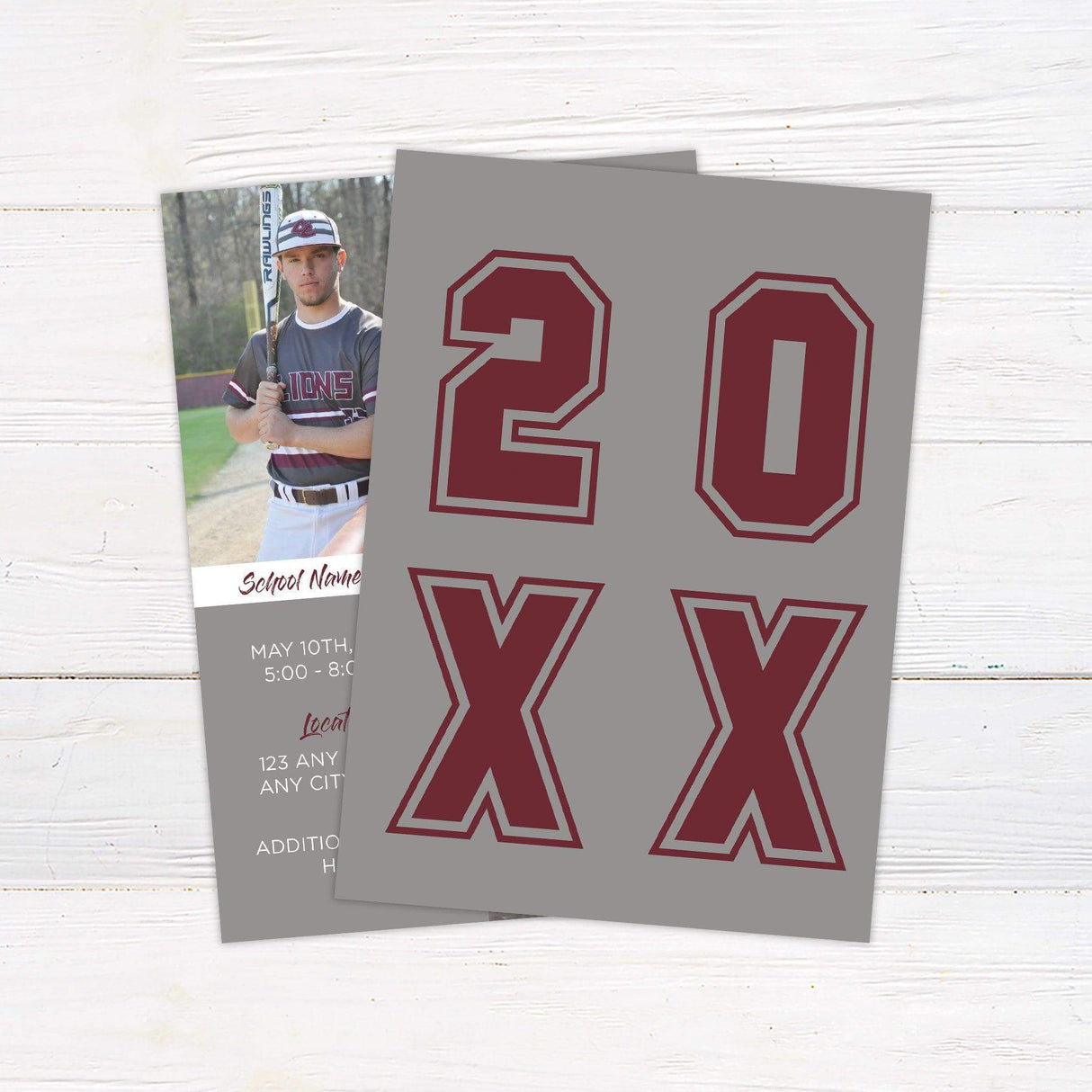 Graduation invitation with a four-panel design, featuring a mix of photos and text blocks. Customizable colors and layout to match school or personal preferences. Back Gray.
