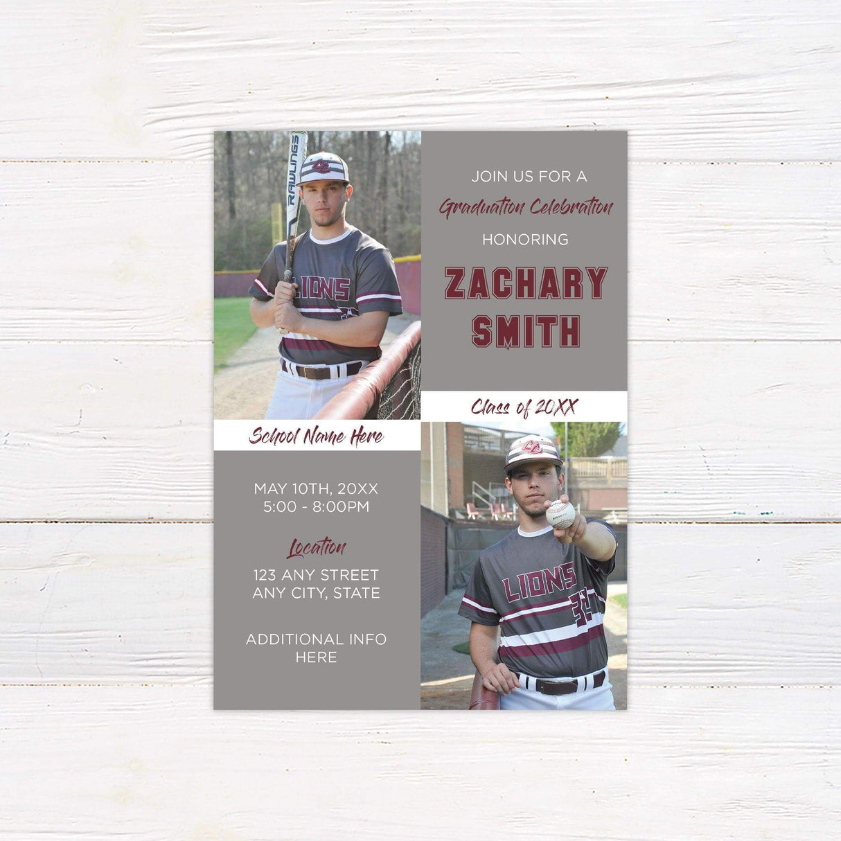 Graduation invitation with a four-panel design, featuring a mix of photos and text blocks. Customizable colors and layout to match school or personal preferences. Gray.