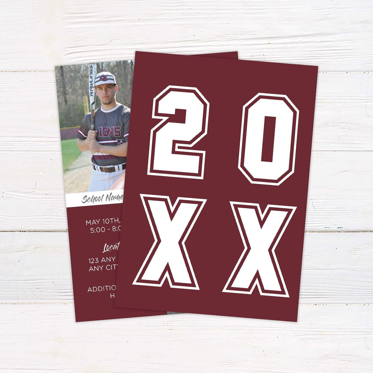 Graduation invitation with a four-panel design, featuring a mix of photos and text blocks. Customizable colors and layout to match school or personal preferences. Back Maroon.