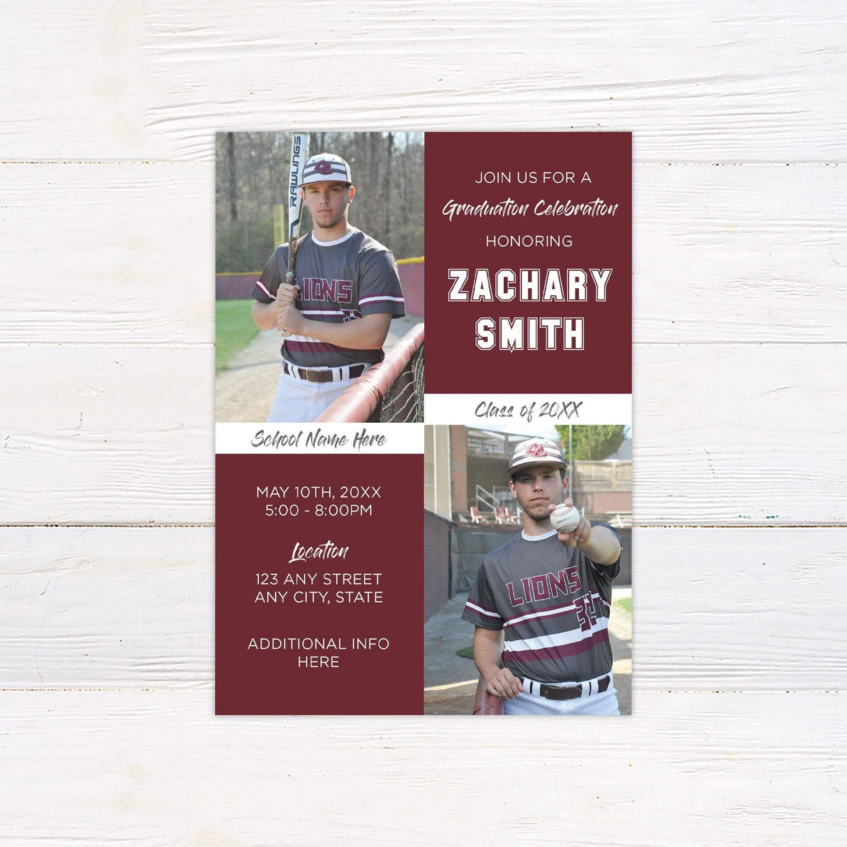 Graduation invitation with a four-panel design, featuring a mix of photos and text blocks. Customizable colors and layout to match school or personal preferences. Maroon.