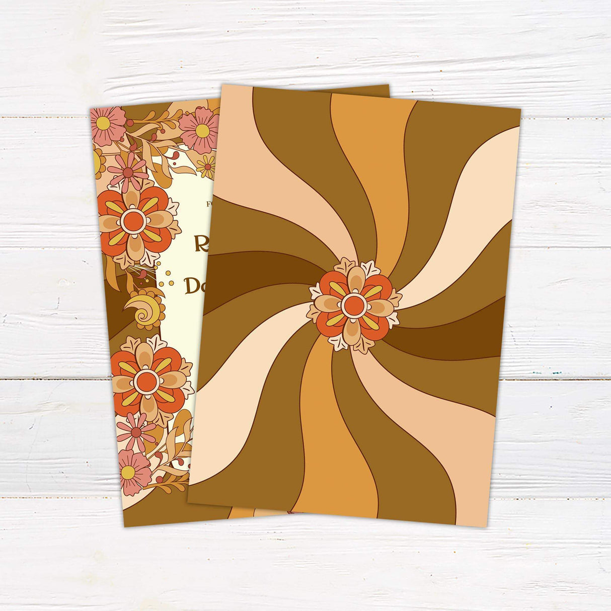 Retro earth tone floral wedding invitation with 70s-inspired orange, yellow, and brown flower design and vintage typography - back