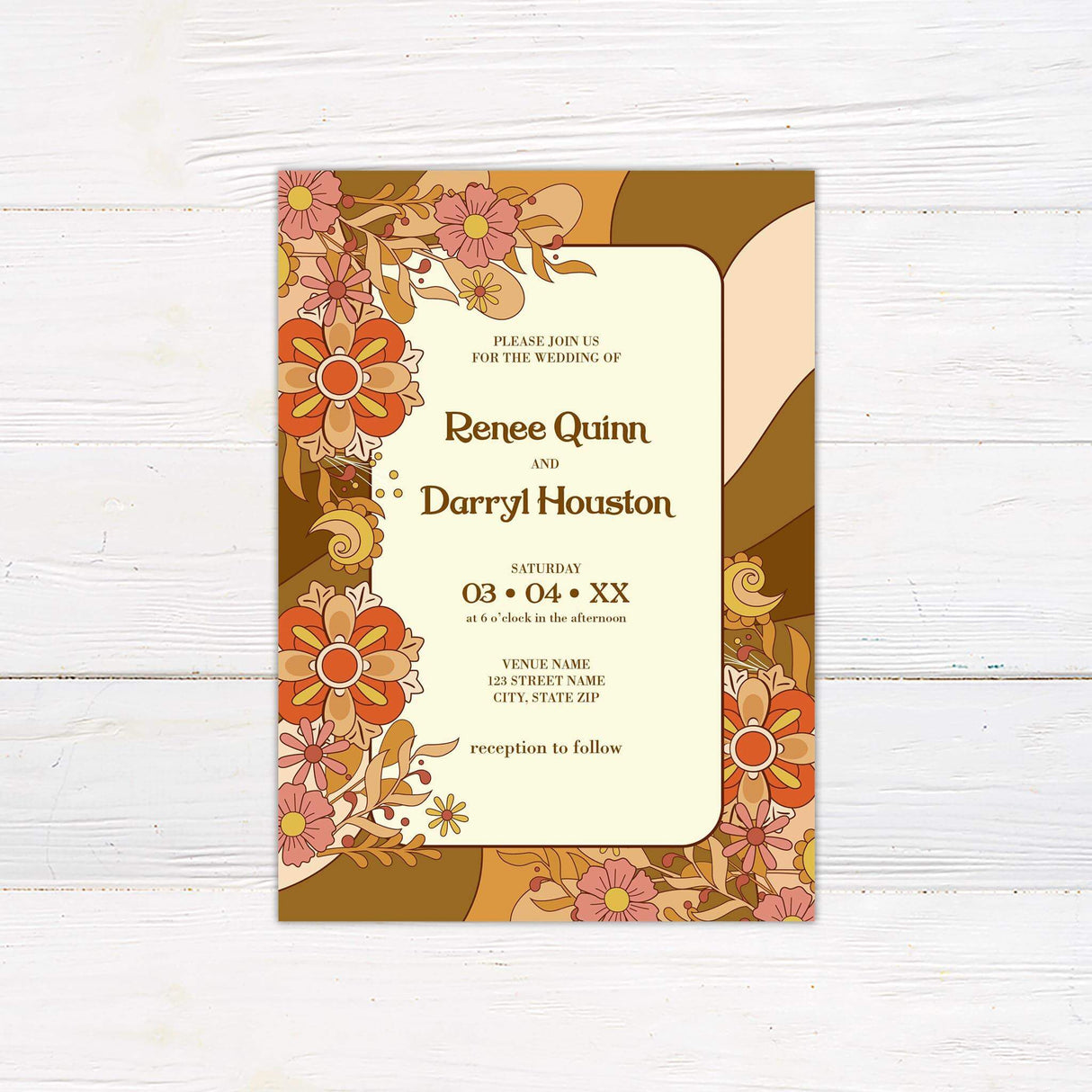 Retro earth tone floral wedding invitation with 70s-inspired orange, yellow, and brown flower design and vintage typography