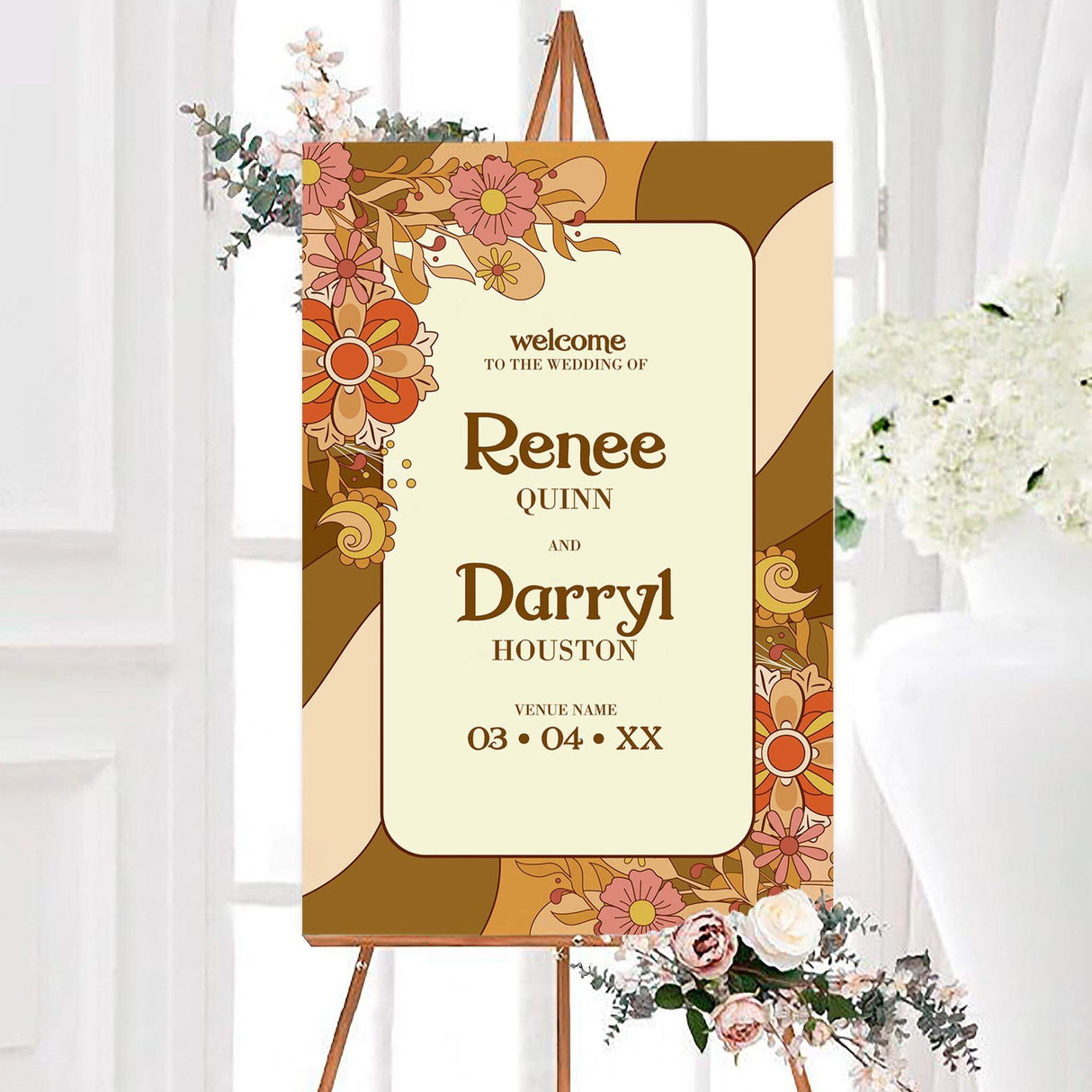 Earth tone floral wedding welcome sign featuring groovy 70s flowers and abstract shapes in orange, brown, pink, and mustard. Personalized center panel displays the couple’s names, venue, and wedding date.