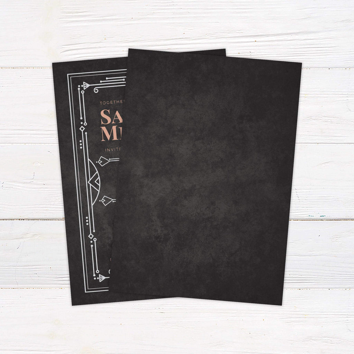 Black and blush pink Art Deco wedding invitation with geometric border and vintage Gatsby design accents - back