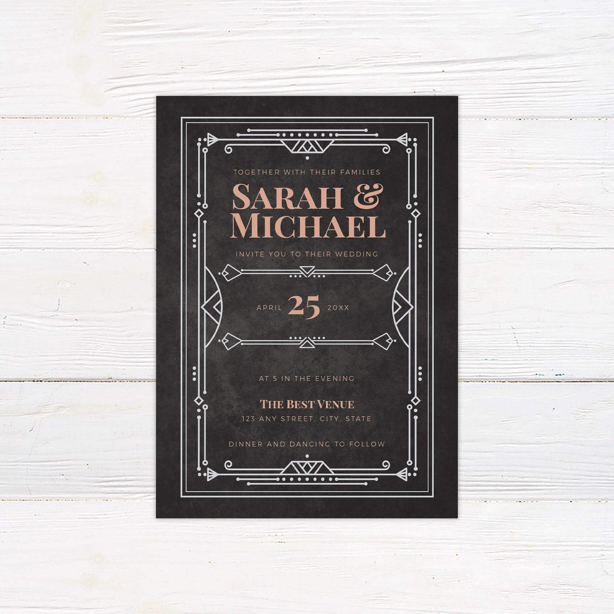 Black and blush pink Art Deco wedding invitation with geometric border and vintage Gatsby design accents