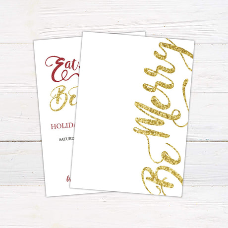 Holiday cocktail party invitation card with the words "Eat, Drink & Be Merry" in red, green, and gold faux glitter script, followed by party event details in elegant serif text. - back side