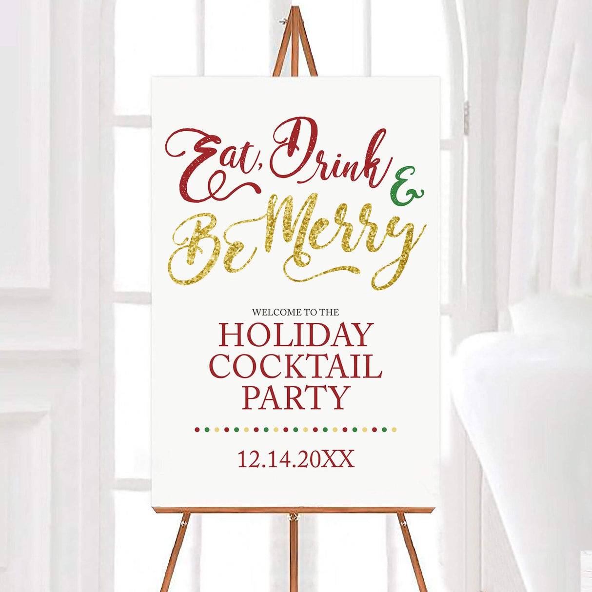 Holiday cocktail party invitation card with the words "Eat, Drink & Be Merry" in red, green, and gold faux glitter script, followed by party event details in elegant serif text. - welcome sign