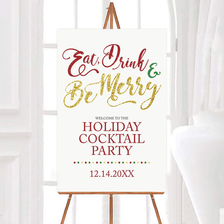 Holiday cocktail party invitation card with the words "Eat, Drink & Be Merry" in red, green, and gold faux glitter script, followed by party event details in elegant serif text. - welcome sign