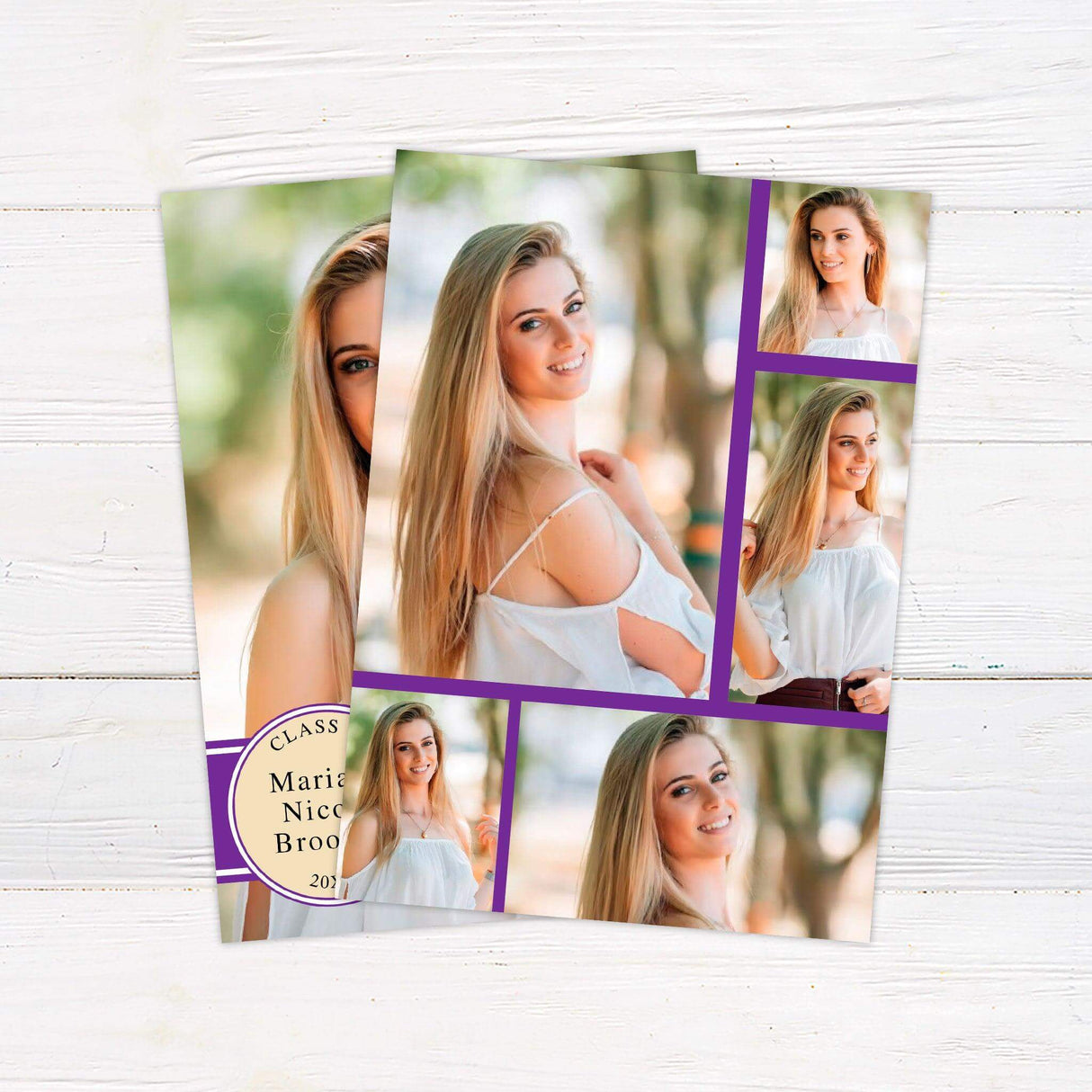 Elegant graduation invitation featuring a large full-photo background with a bold horizontal band across the bottom for event details. The band includes a circular "Class Of" emblem for a stylish touch. The back of the invitation is fully customizable with space for additional photos or messages. The color of the band can be customized to match the graduate’s school colors. Back.