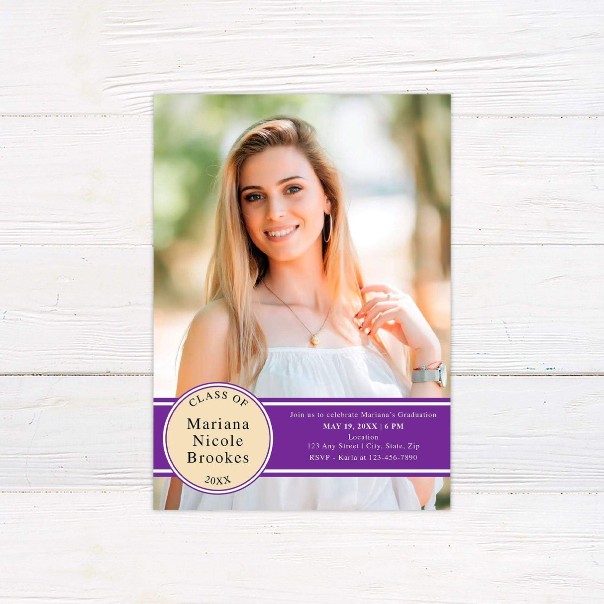 Elegant graduation invitation featuring a large full-photo background with a bold horizontal band across the bottom for event details. The band includes a circular "Class Of" emblem for a stylish touch. The back of the invitation is fully customizable with space for additional photos or messages. The color of the band can be customized to match the graduate’s school colors.