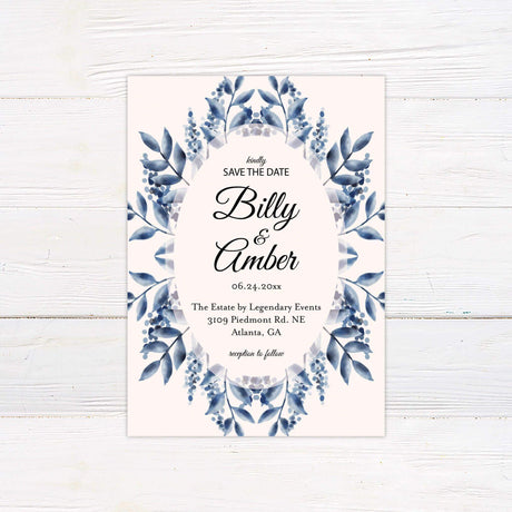 Elegant Blue Watercolor Leaves Save The Date - goprintplus