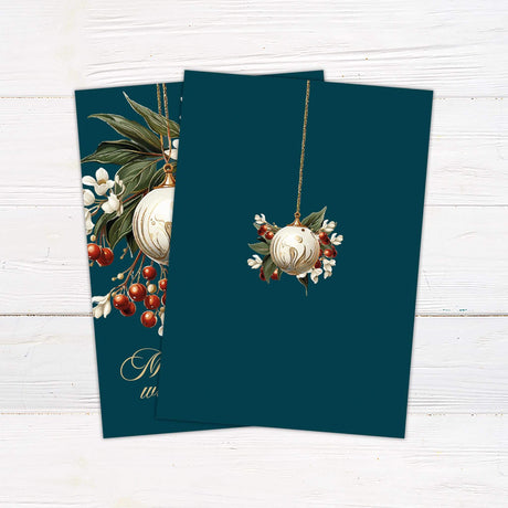 Elegant gold ornament Christmas card with gold ornaments, white winter florals, red berries, and greenery on a dark green background with gold script text