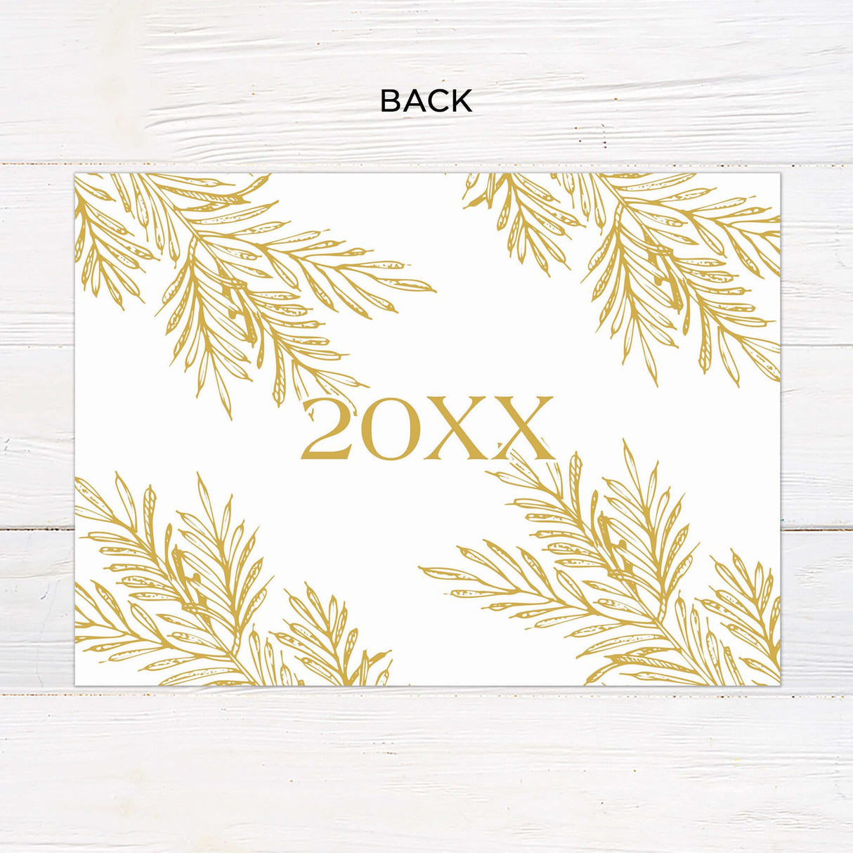 This elegant gatefold Christmas card features a festive gold botanical design on a clean white and gold background. It includes multiple photo slots, customizable text areas, and a holiday greeting for a warm, personal touch. - back.
