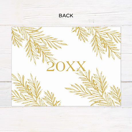 This elegant gatefold Christmas card features a festive gold botanical design on a clean white and gold background. It includes multiple photo slots, customizable text areas, and a holiday greeting for a warm, personal touch. - back.