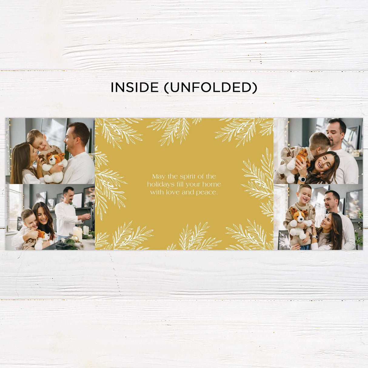 This elegant gatefold Christmas card features a festive gold botanical design on a clean white and gold background. It includes multiple photo slots, customizable text areas, and a holiday greeting for a warm, personal touch. - inside.