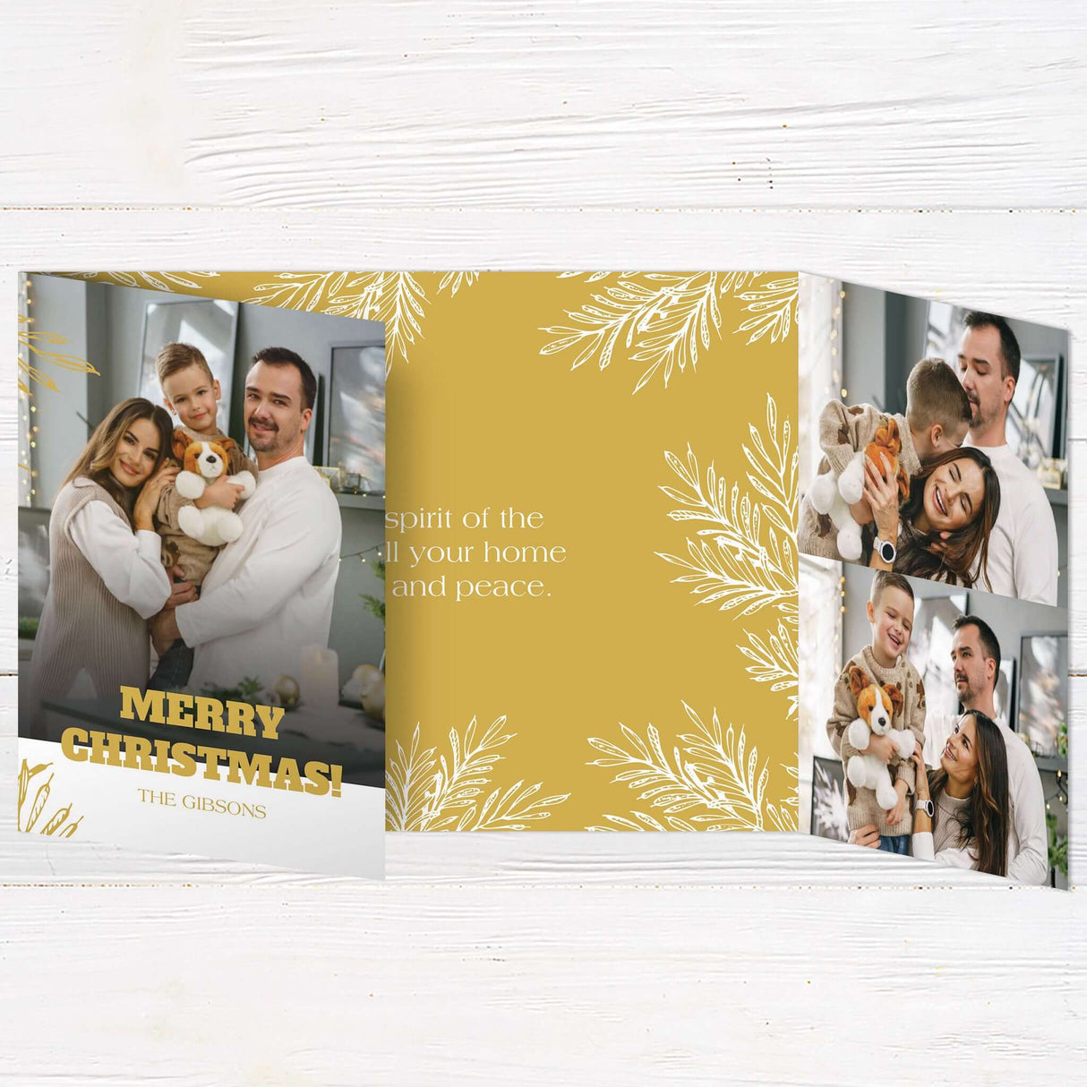 This elegant gatefold Christmas card features a festive gold botanical design on a clean white and gold background. It includes multiple photo slots, customizable text areas, and a holiday greeting for a warm, personal touch.