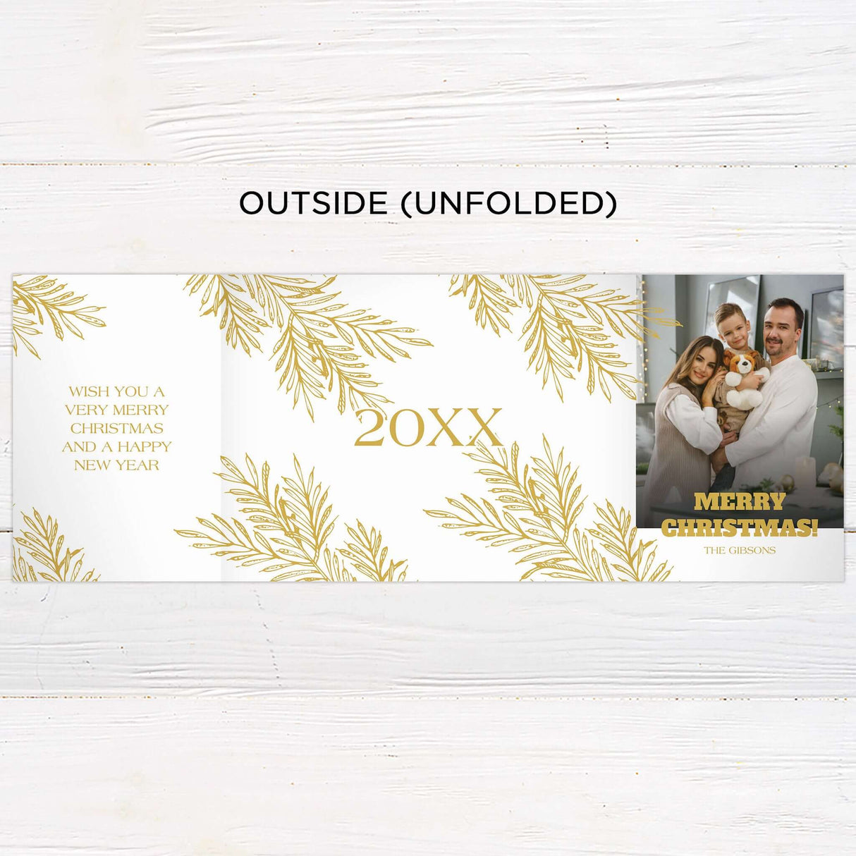 This elegant gatefold Christmas card features a festive gold botanical design on a clean white and gold background. It includes multiple photo slots, customizable text areas, and a holiday greeting for a warm, personal touch. - outside.